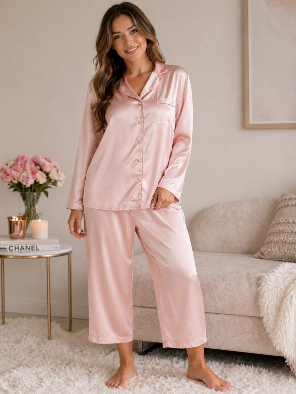 Victoria’s Secret Pink Satin Pajama Set Size Large Button Up Crop Pants